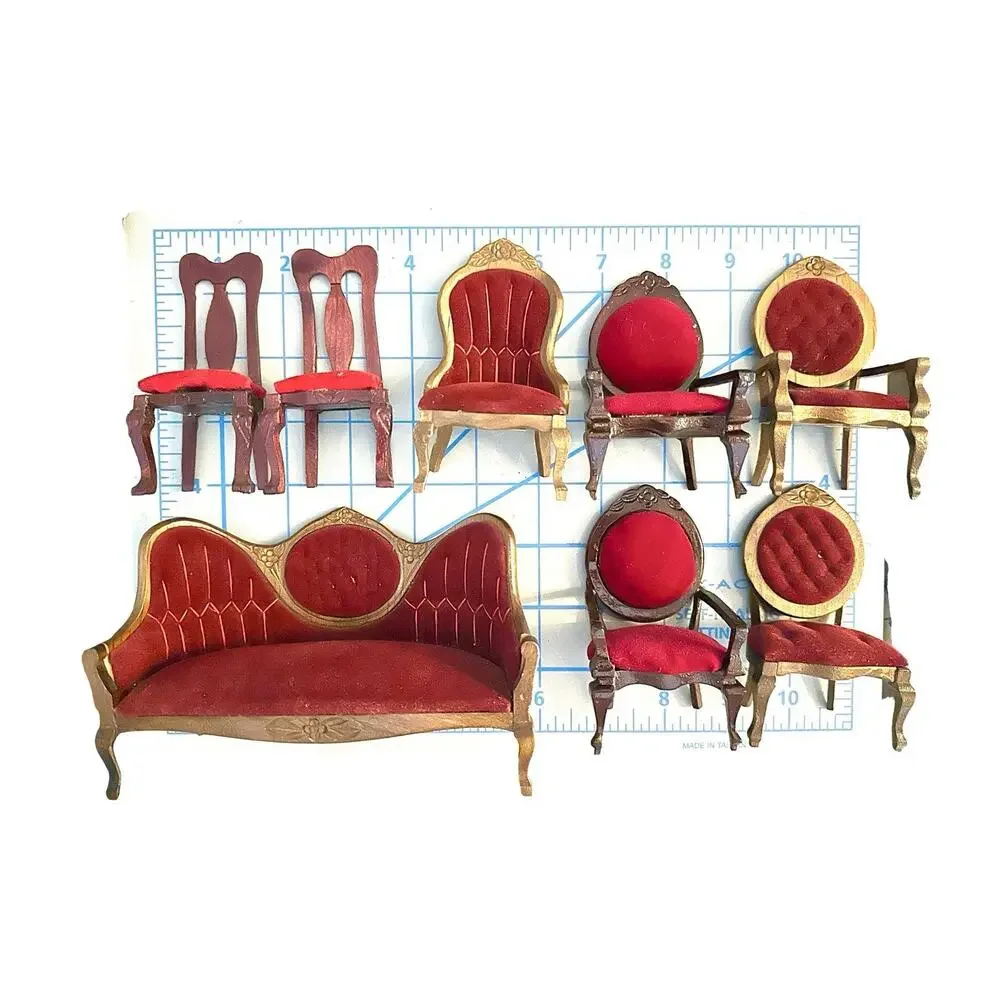 Victorian 1:12 Miniature Dollhouse Furniture Maroon Red Mahogany Sofa Chairs